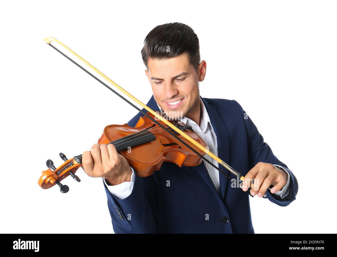 Happy man playing violin on white background Stock Photo