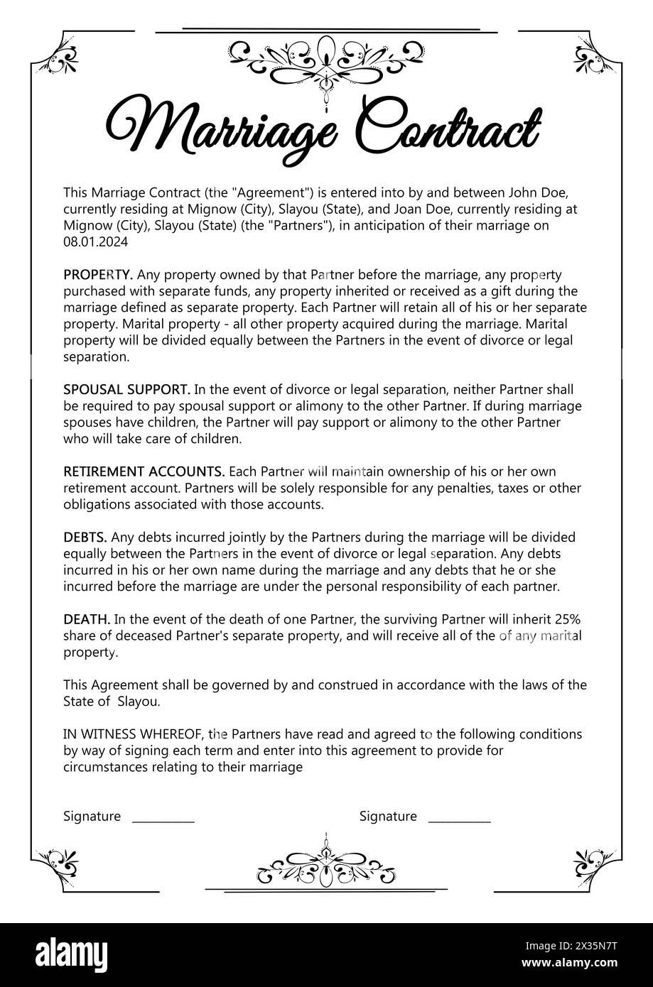 Marriage contract. Text of agreement on white background Stock Photo
