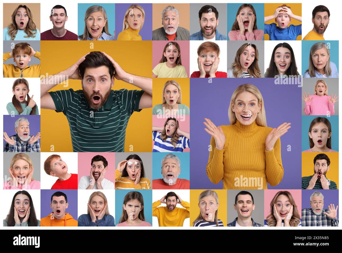 Collage with photos of surprised people on different color backgrounds ...