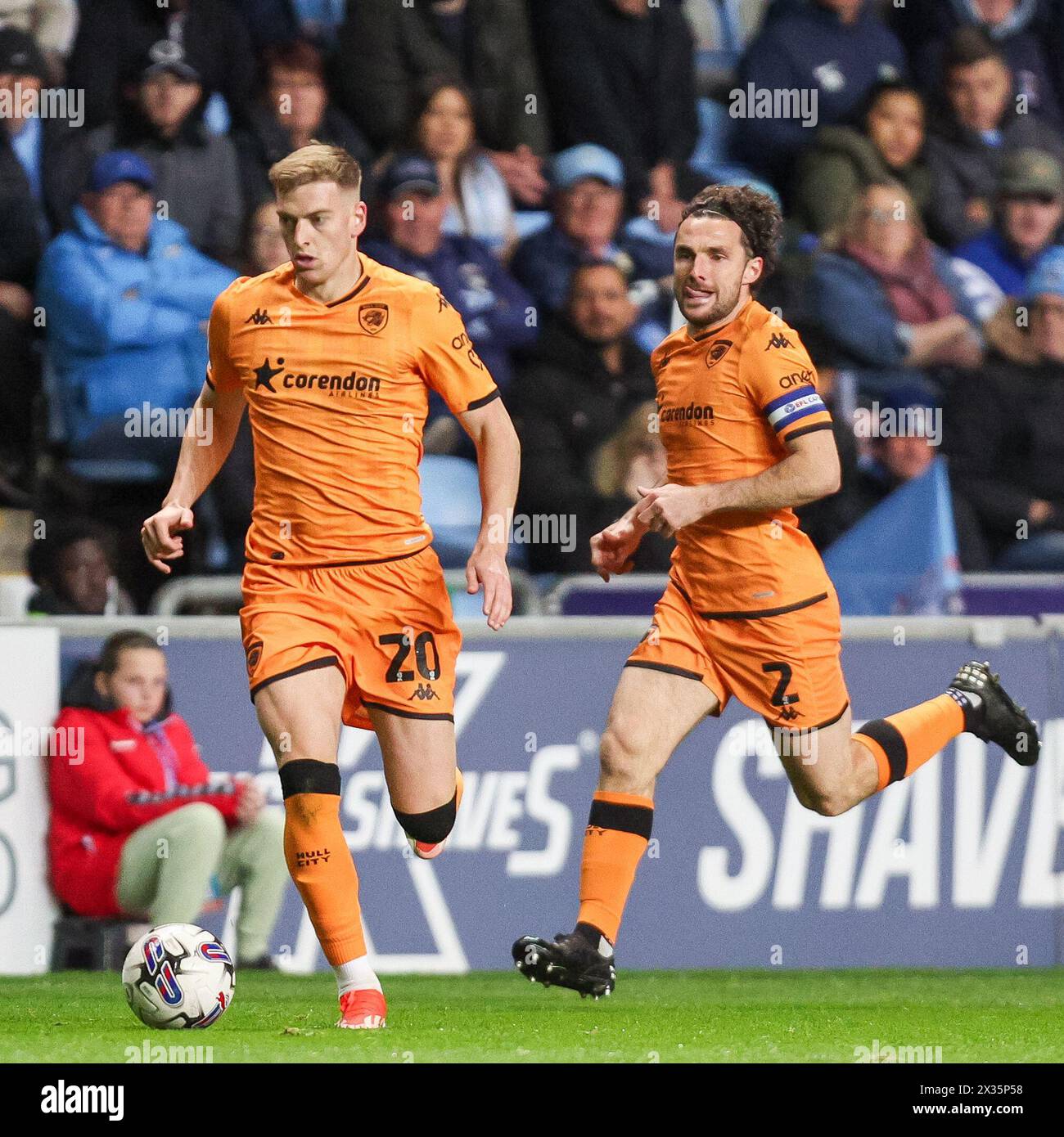 Stuart Delap Coventry, UK. 24th Apr, 2024. Liam Delap & Lewis Coyle of Hull City ...