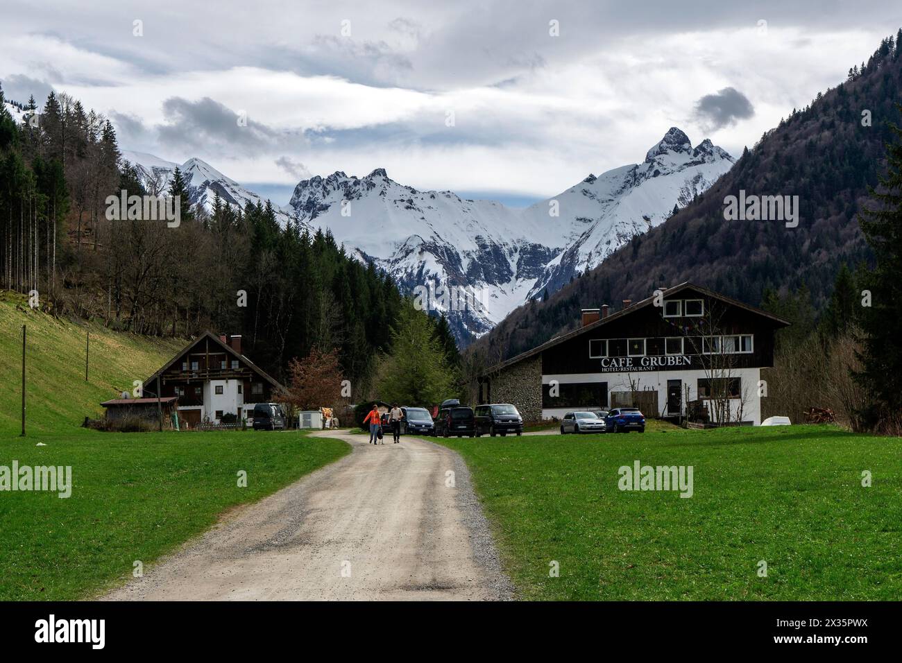 Cafe Gruben, Hotel, Restaurant, Trettachtal, at the back of the Allgaeu Alps, near Oberstdorf, Oberallgaeu, Allgaeu, Bavaria, Germany Stock Photo