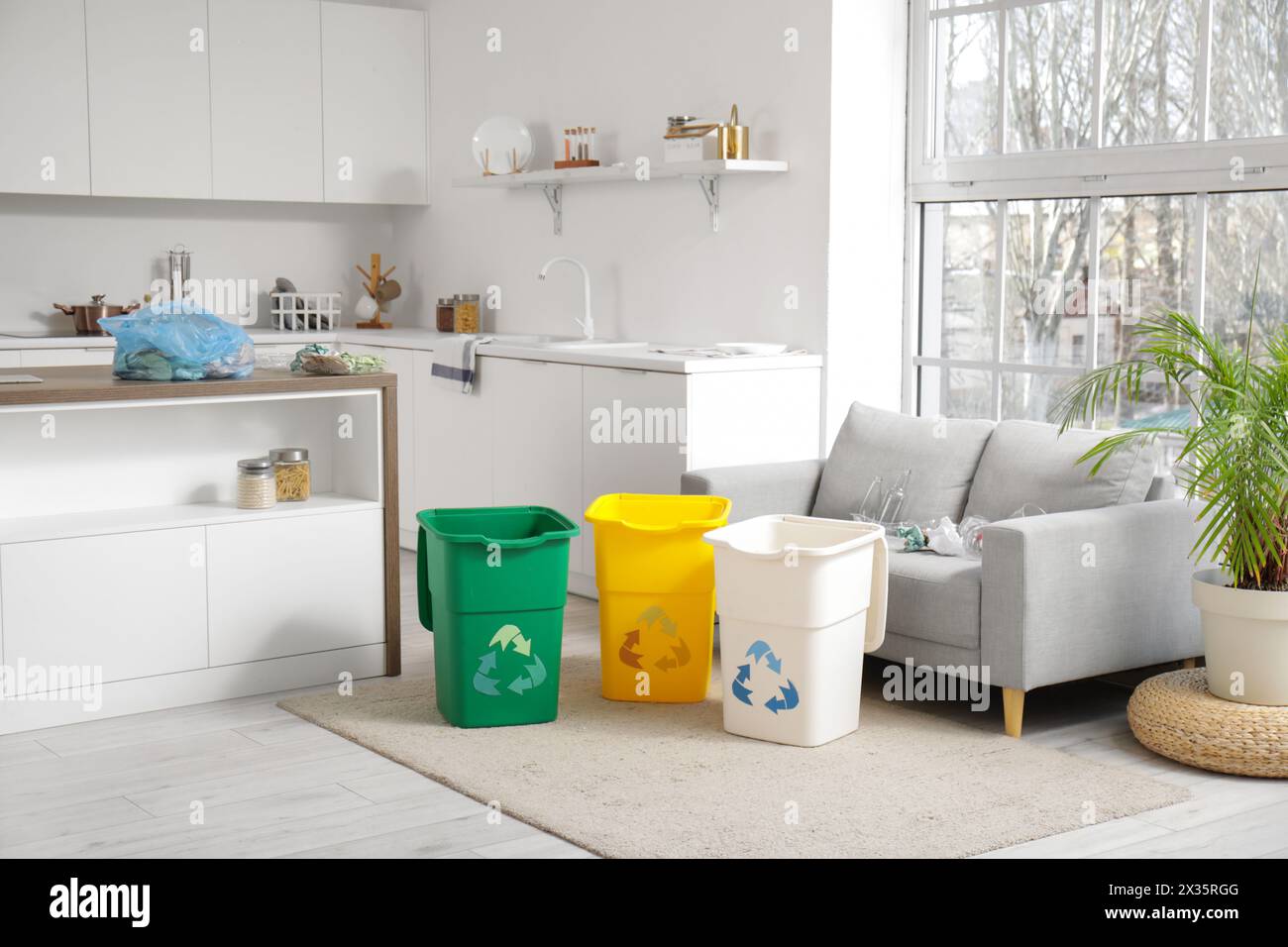 Containers for garbage and different rubbish on sofa at home. Recycling ...