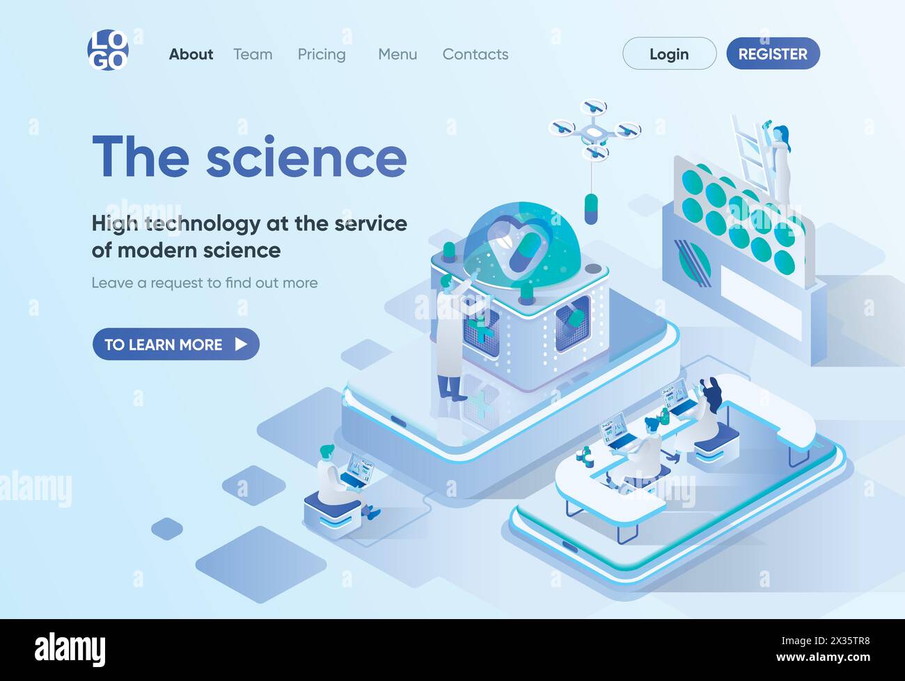 The science isometric landing page. Scientific research and development, high technology in pharma industry. Science laboratory template for CMS and w Stock Vector