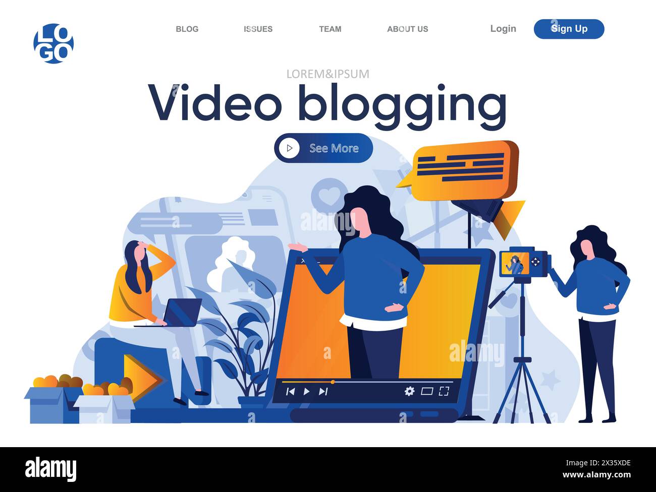 Video blogging flat landing page. Professional blogger making video, vlogging and streaming vector illustration. Video content production for social m Stock Vector