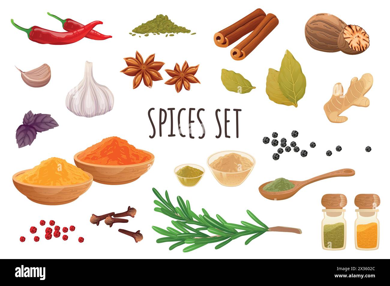 Spices icon set in realistic 3d design. Bundle of chilli, cinnamon