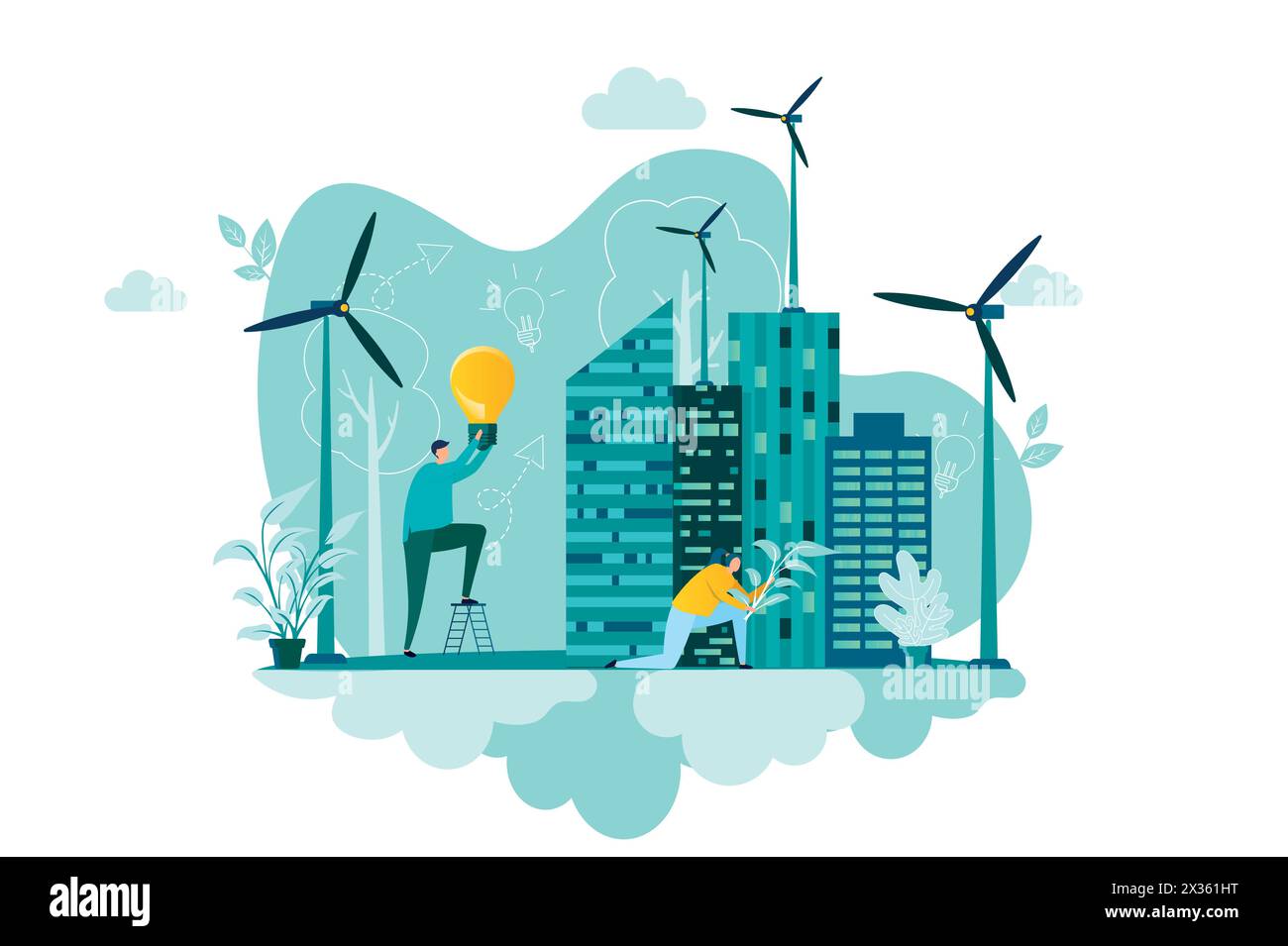 Green city concept in flat style. People planting trees and ...