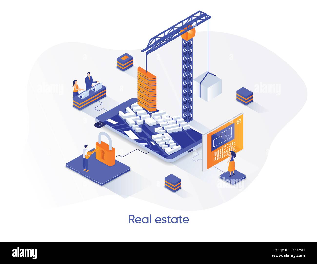 Real estate isometric web banner. Residential and commercial real estate property isometry concept. Engineering and construction company 3d scene desi Stock Vector