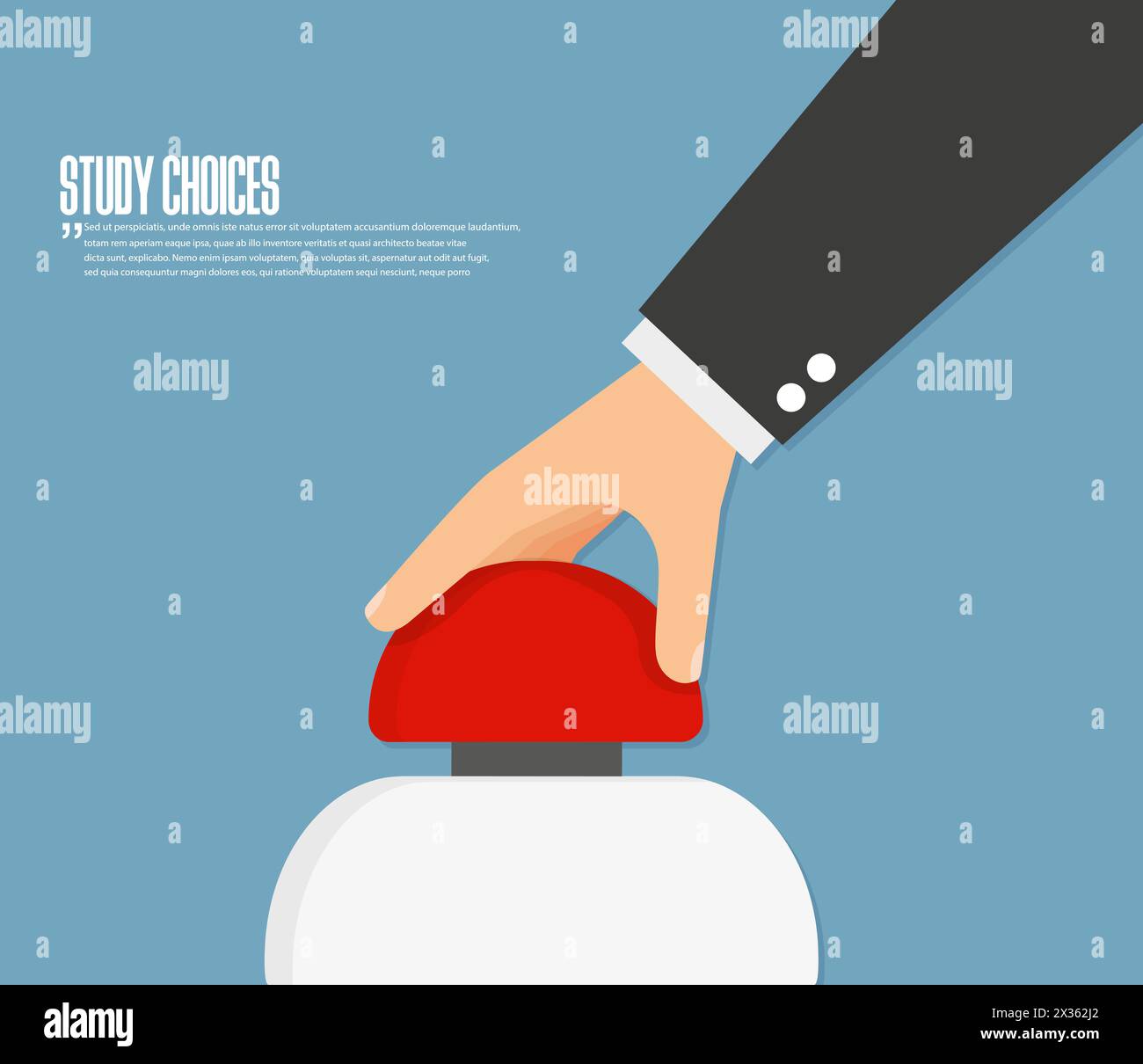 Hand pushing or pressing the big red button. Side view. Flat design Stock Vector
