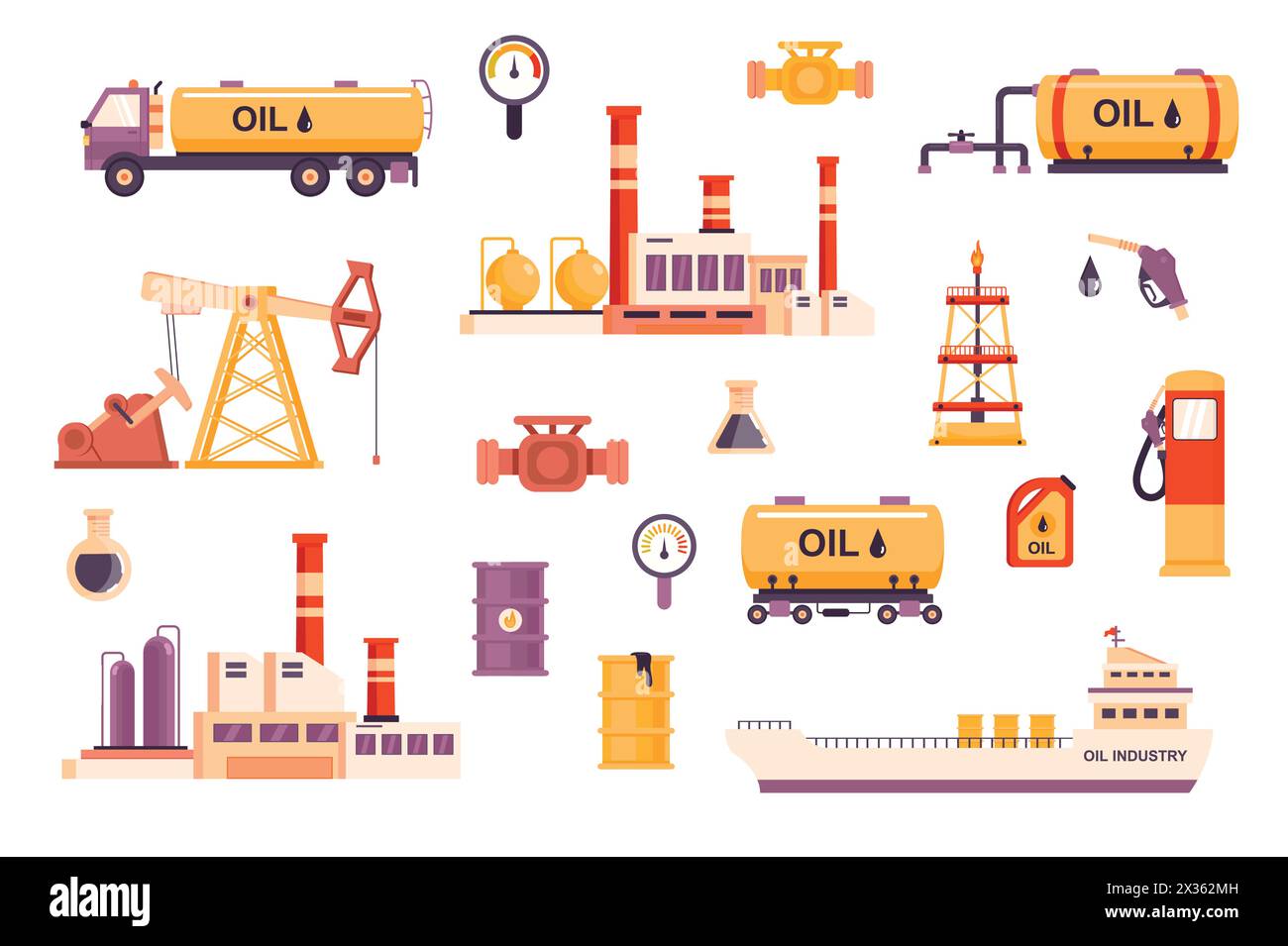 Oil industry bundle of flat scenes. Fuel production isolated set. Drilling rig, factory, oil tanker ship, fuel truck, tank car, pumpjack, gas station, Stock Vector