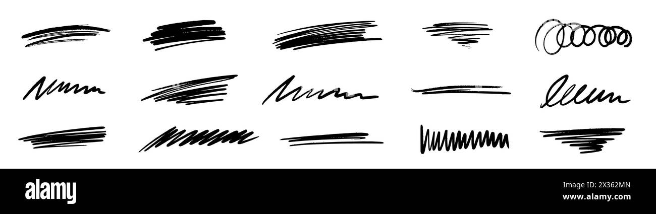 Line brush marker, pen, pencil stroke vector. Line brush marker scribble sketch underline. Hand drawn doodle pencil scratch mark. Scrawl texture underline effect. Vector illustration. Stock Vector