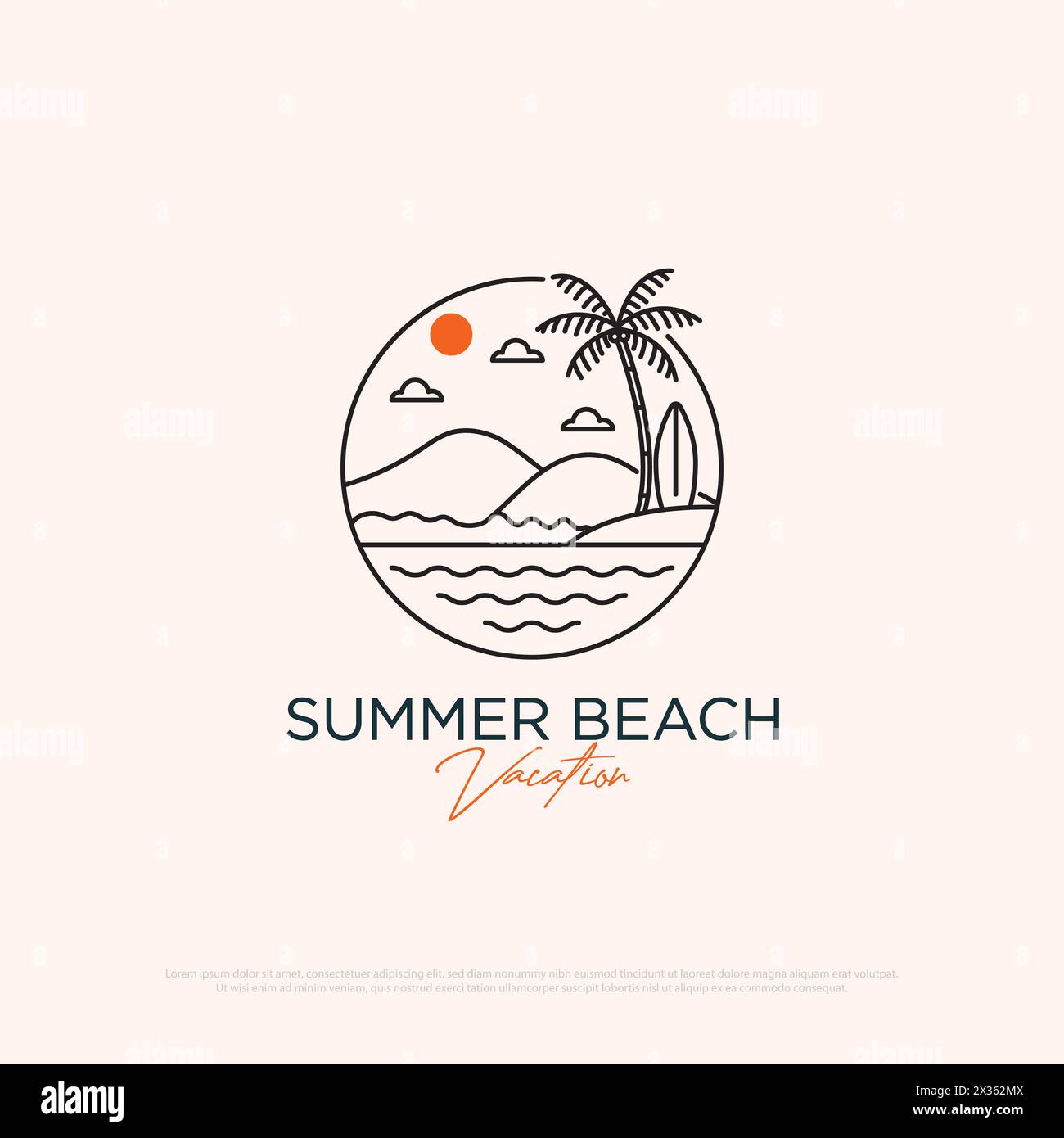 Summer vacation logo design with line art simple vector minimalist illustration template, travel agency logo designs Stock Vector