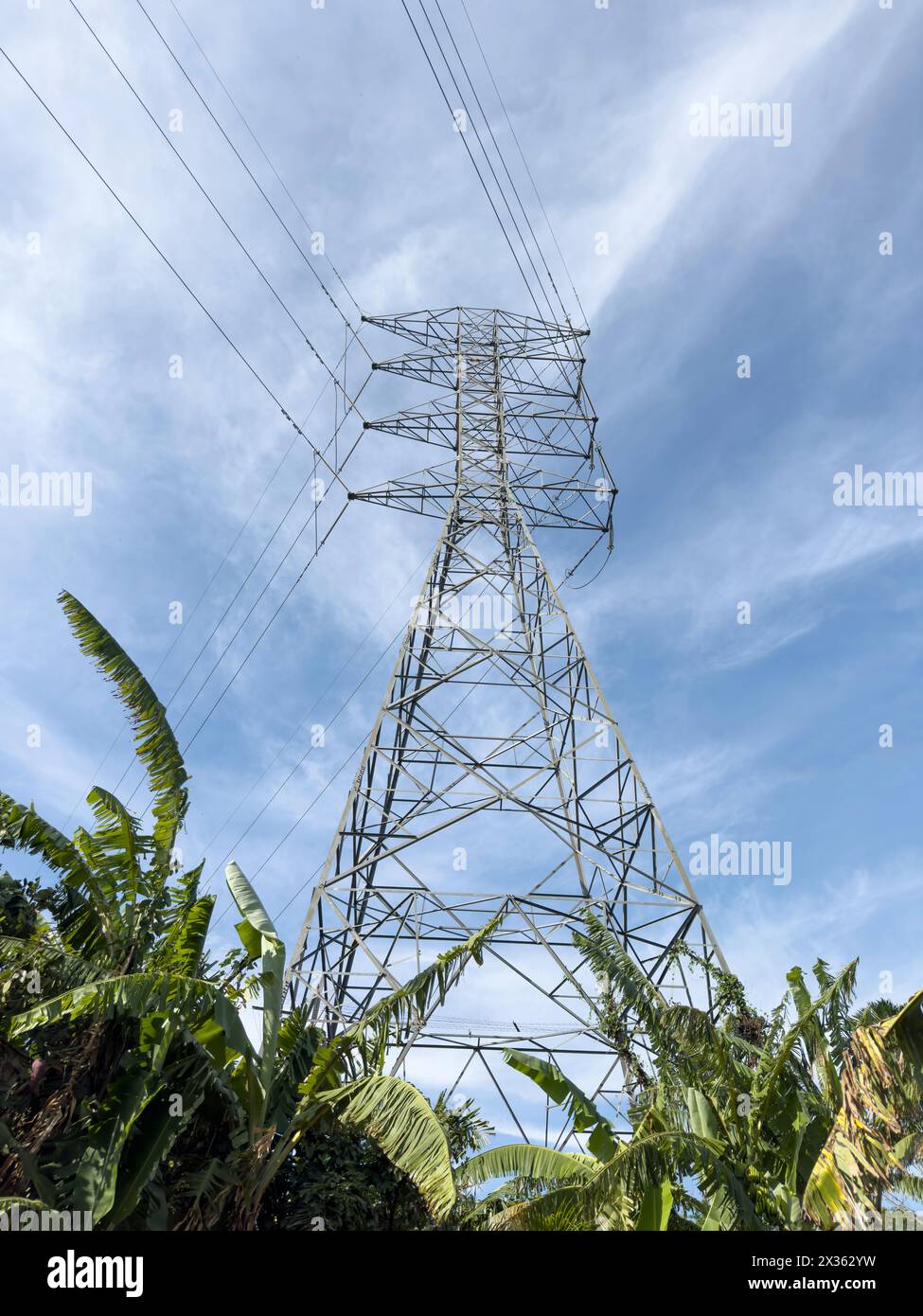 High voltage electrical tower pylon on blue sky background Stock Photo