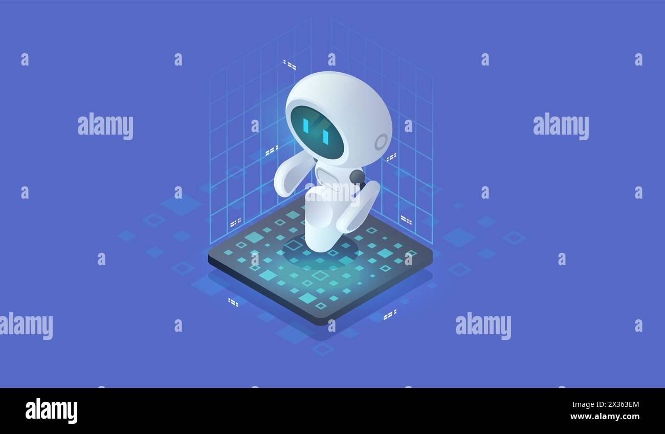Isometric artificial intelligence. Neuronet or ai technology background with small robot. Chat bot concept. Stock Vector