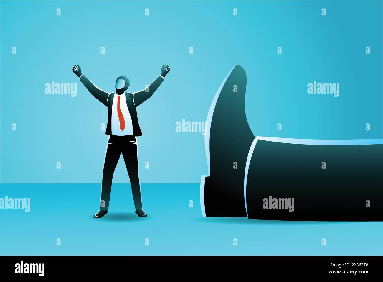 Vector illustration of business concept, a small businessman standing with his arms up near a giant leg lying near him Stock Vector