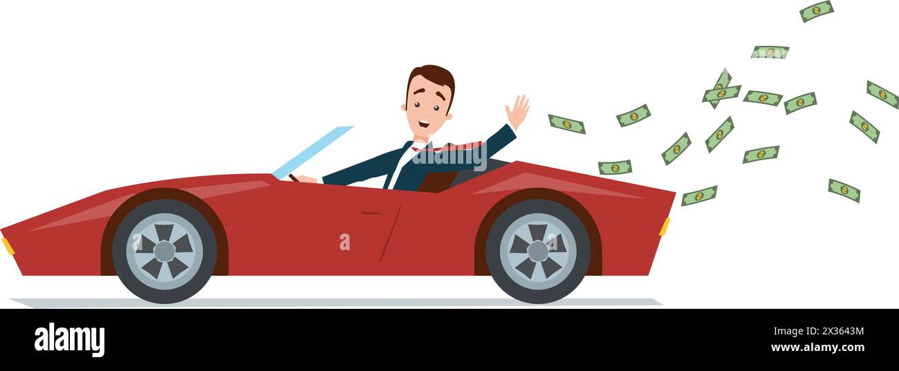Businessman driving a red sports car and throwing money away Stock Vector