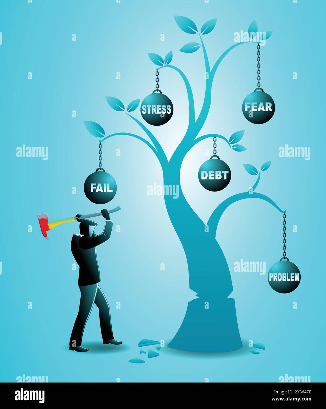 Vector illustration of business concept, businessman chopping down a bad tree with many problems Stock Vector