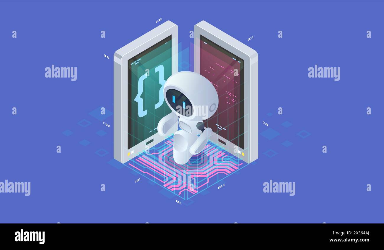Isometric artificial intelligence. Neuronet or ai technology background with small robot. Chat bot concept. Stock Vector
