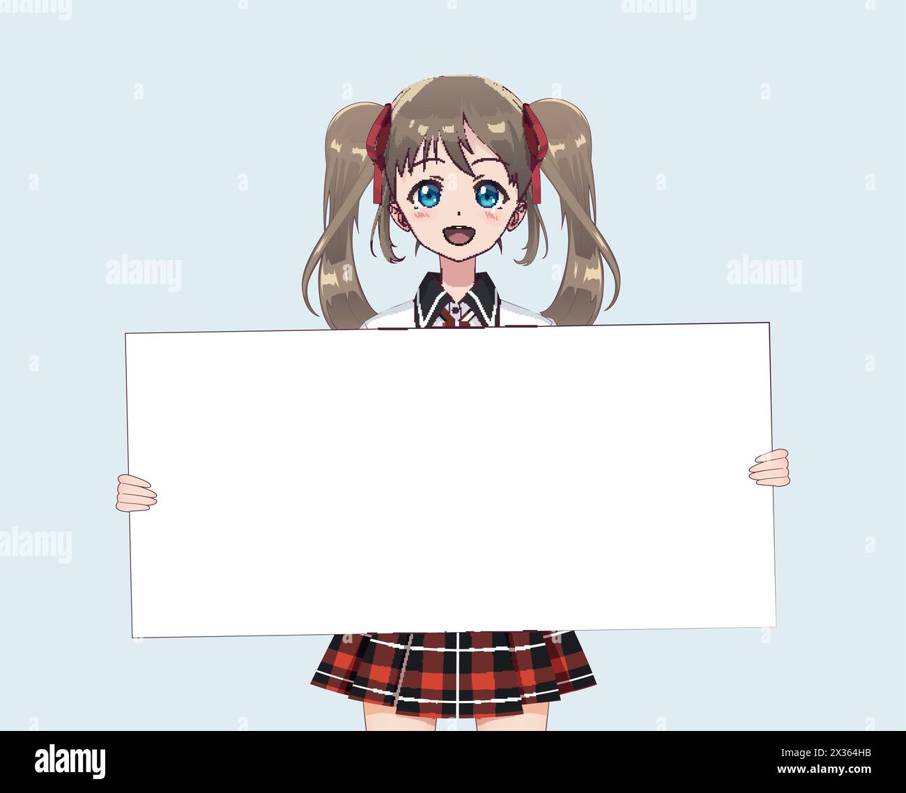 Japanese Asian woman holding white big sign board. Isolated portrait. Cartoon anime manga schoolgirl character. White paper mockup Stock Vector