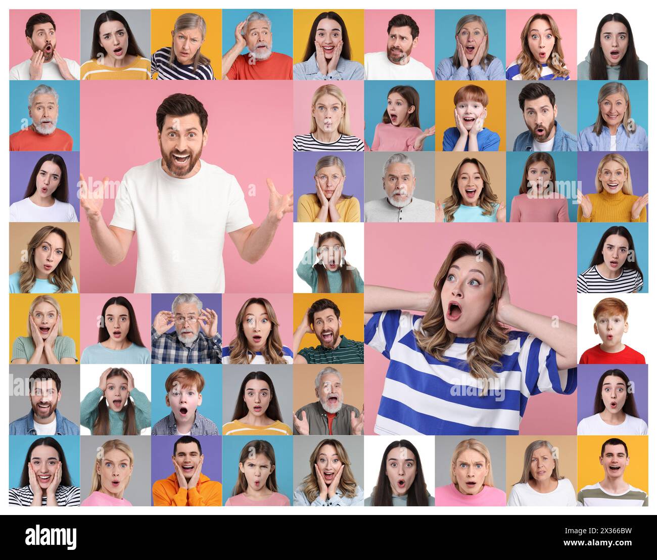 Collage with photos of surprised people on different color backgrounds ...