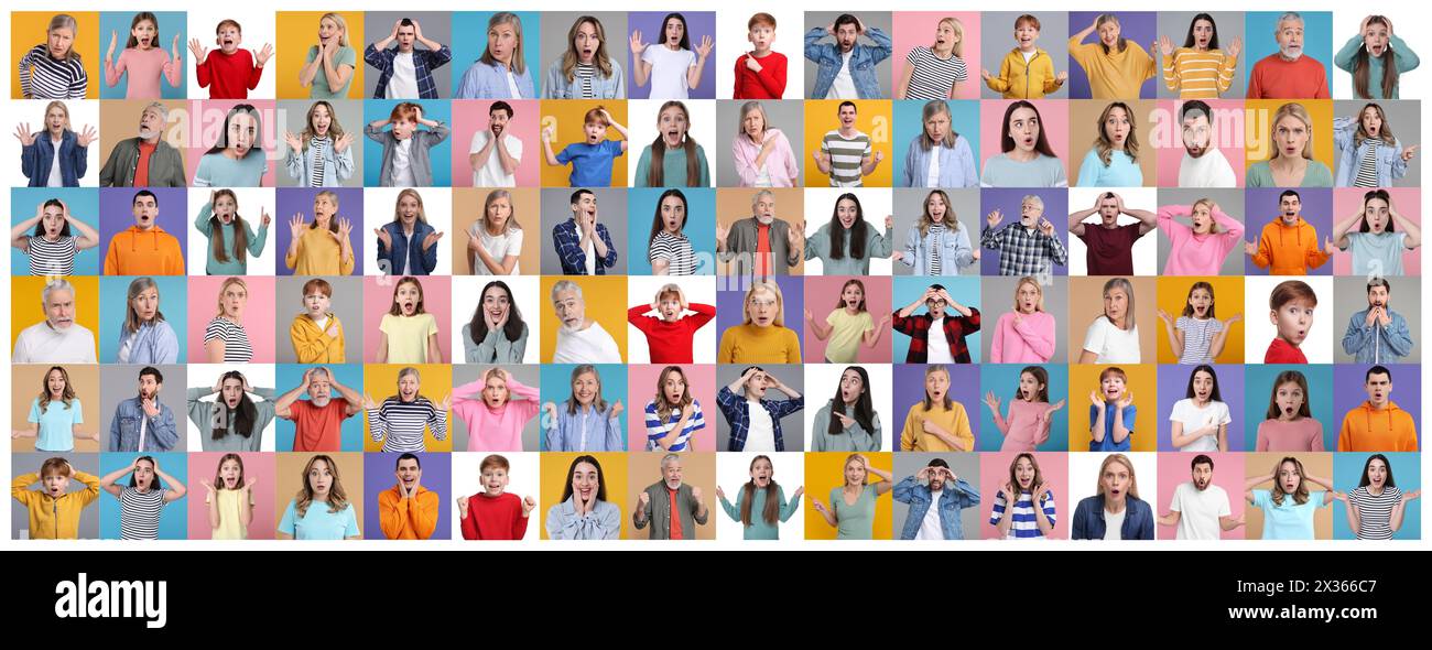 Collage with photos of surprised people on different color backgrounds ...