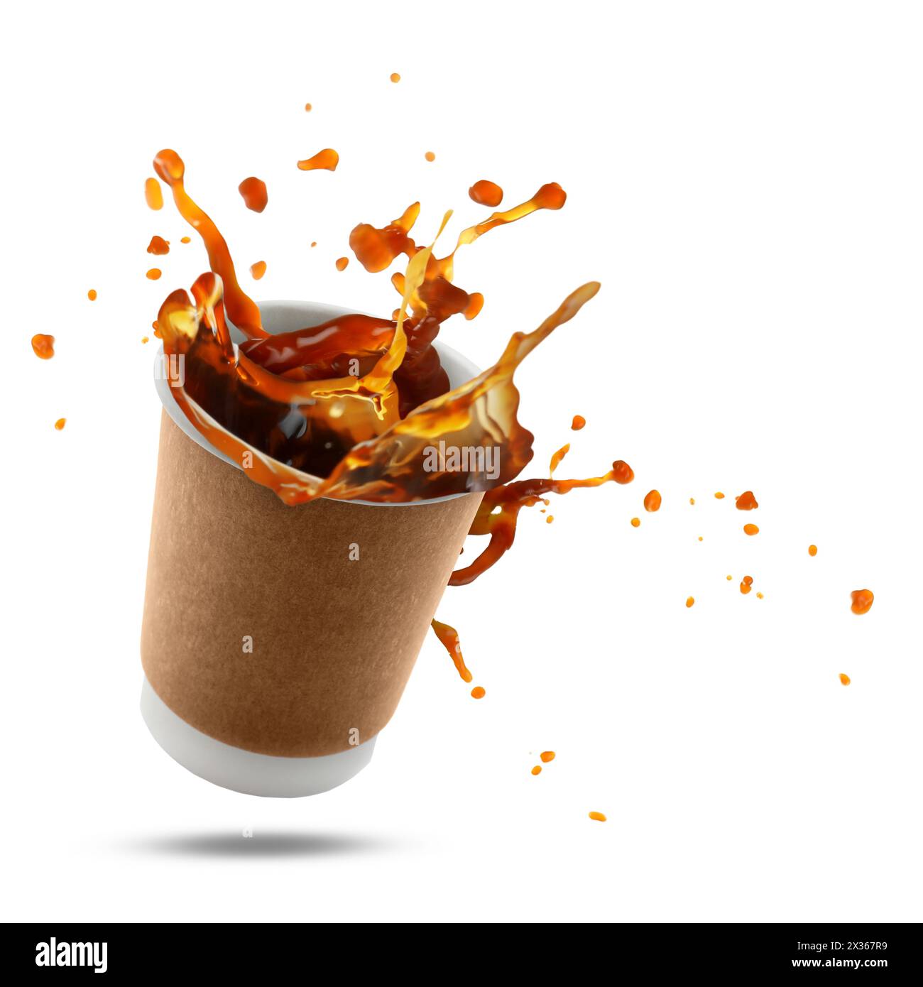 Paper Splashed Coffee Aromatic coffee splashing in takeaway paper cup in air on white ...
