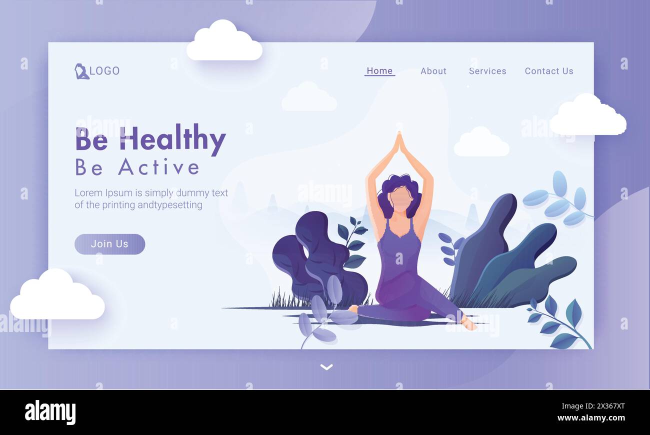 Be Healthy Be Active concept based landing page design with faceless woman practice yoga sukhasana pose on purple nature view background. Stock Vector