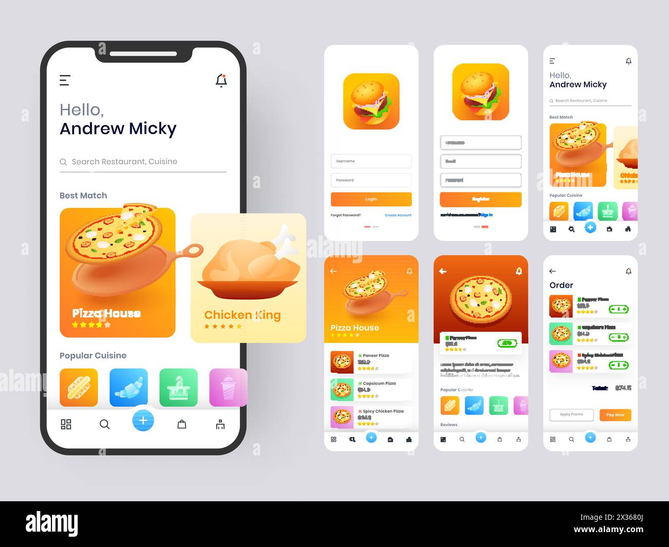 Food mobile app ui kit including sign up, food menu, booking and home service type review screens. Stock Vector