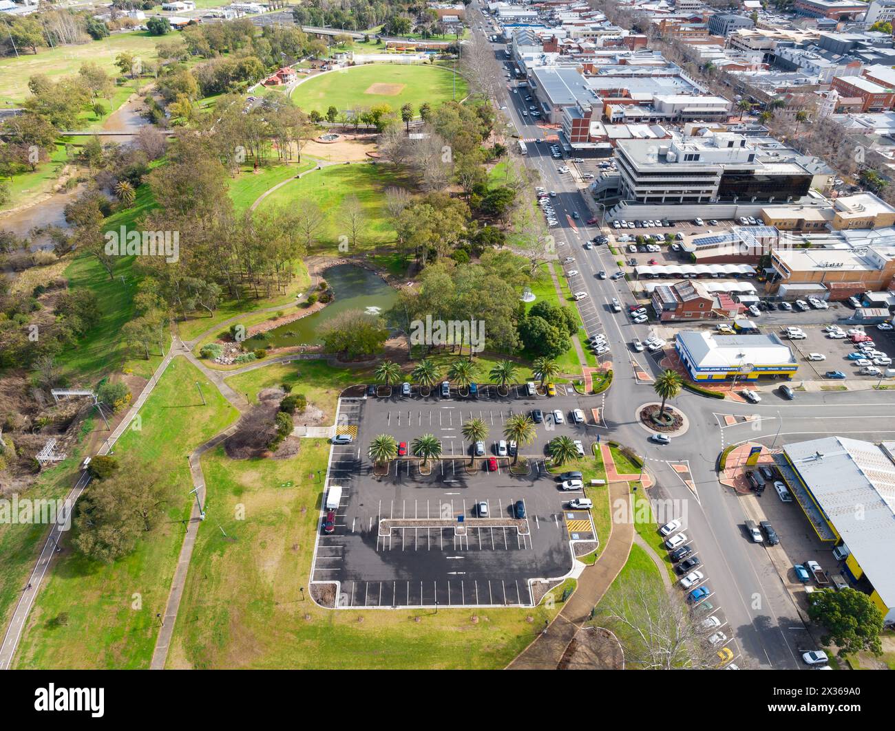 Aerial view of parkland alongside a busy city centre at Tamworth in New South Wales, Australia. Stock Photo