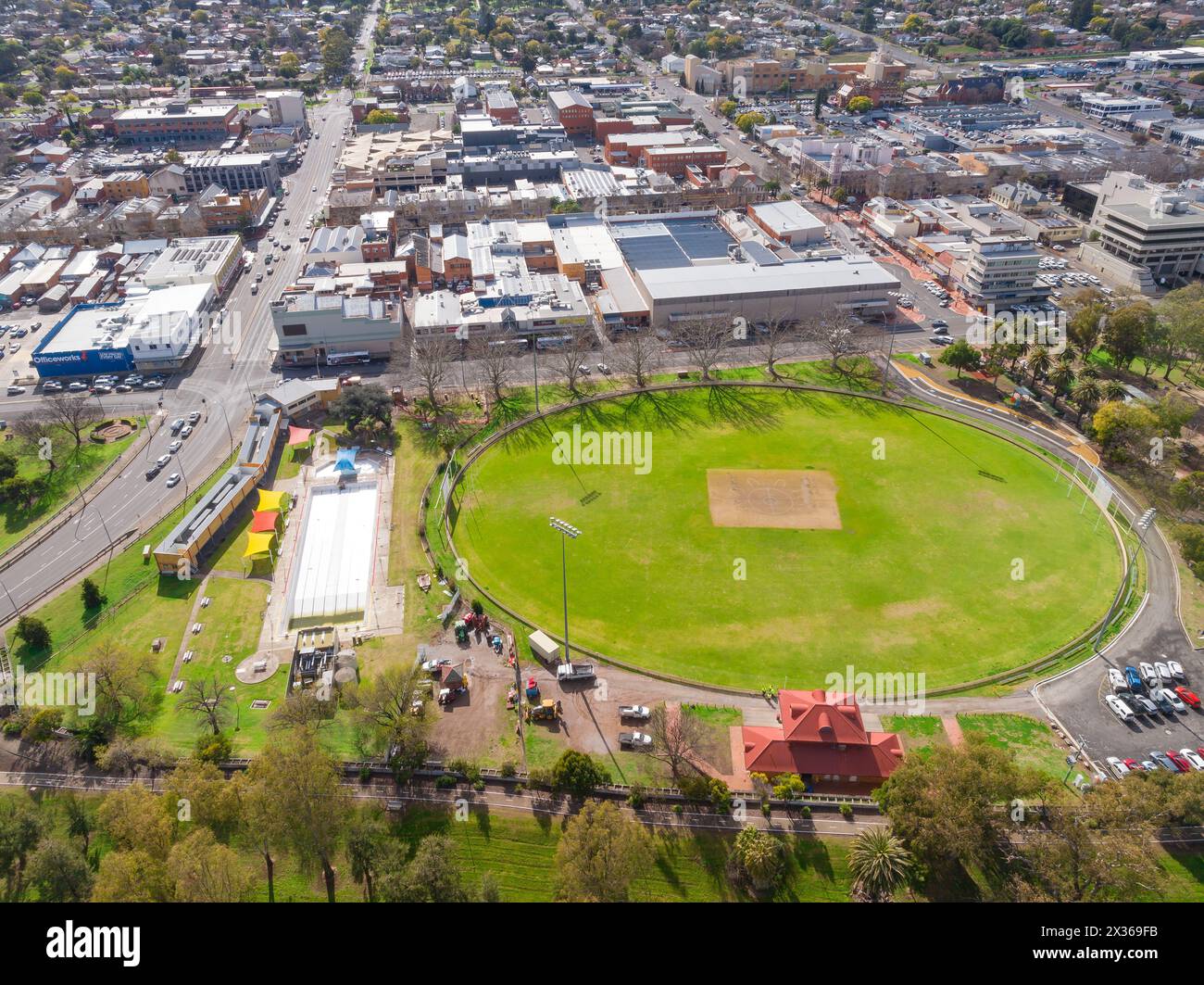 Aerial view of a sports oval alongside a the city centre of Tamworth in New South Wales, Australia. Stock Photo