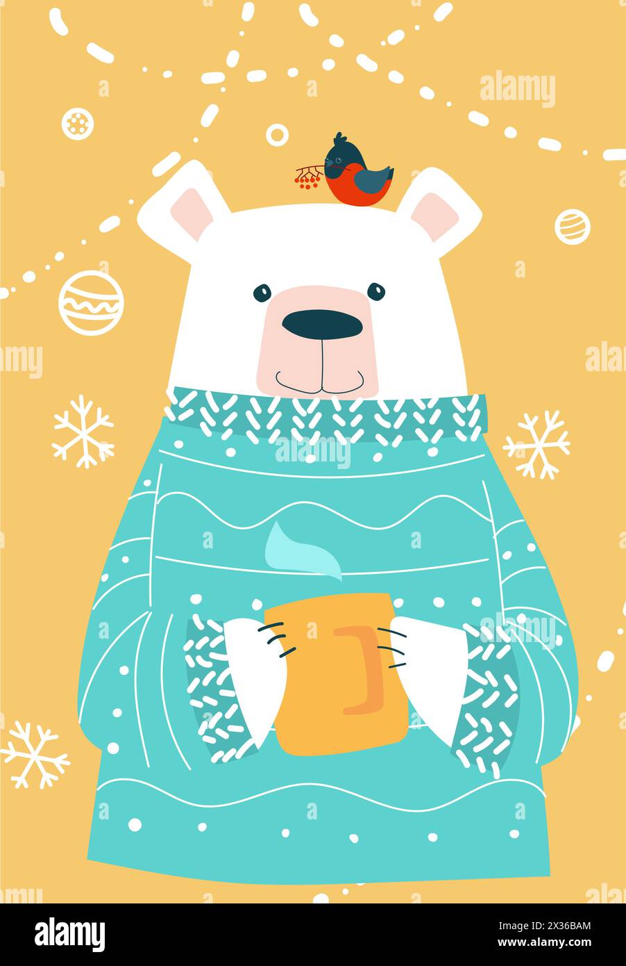 Polar bear in sweater and warm cup. Christmas card Stock Vector