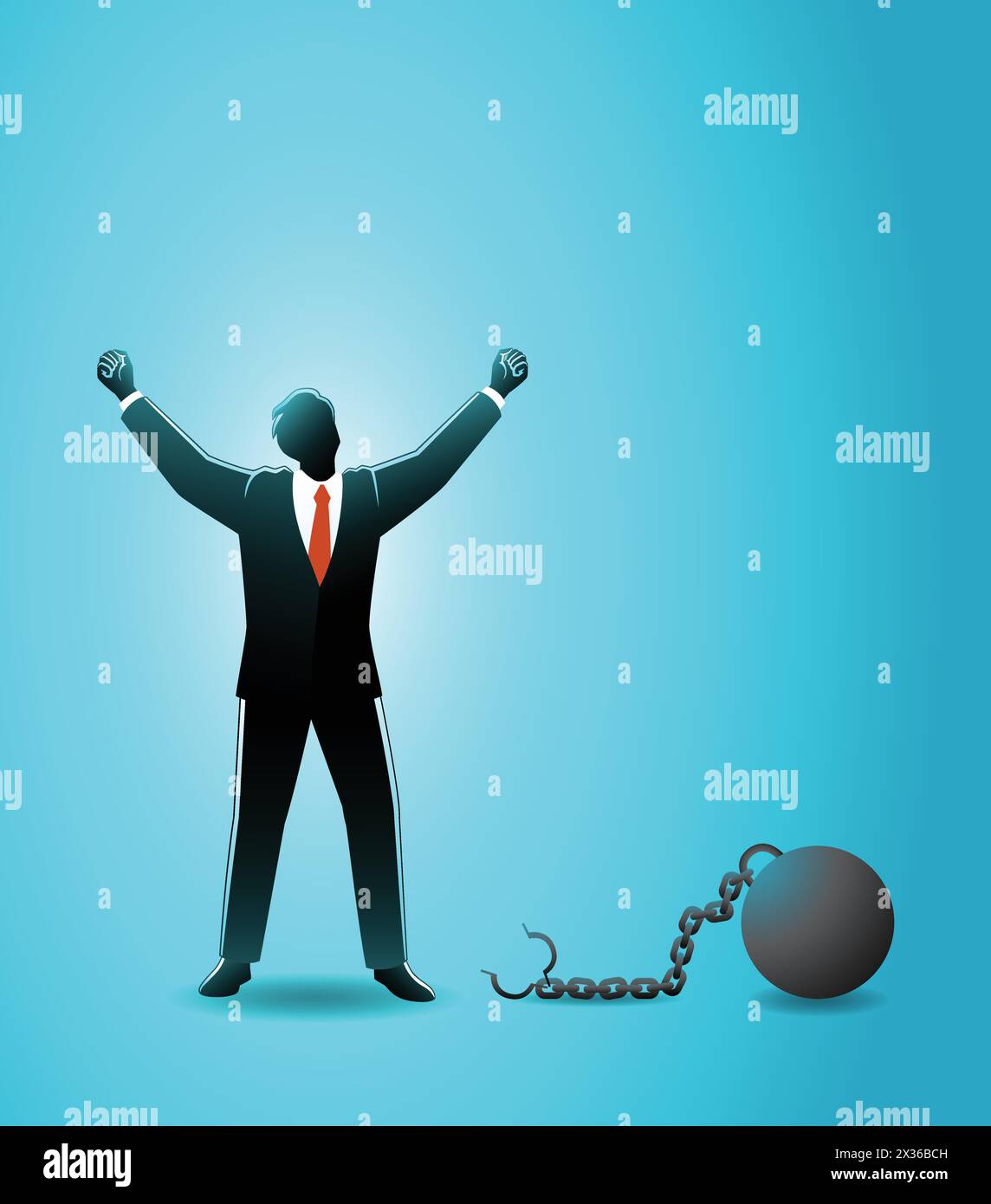 Vector illustration of businessman raise both hand after releasing from iron ball which chained in his feet Stock Vector