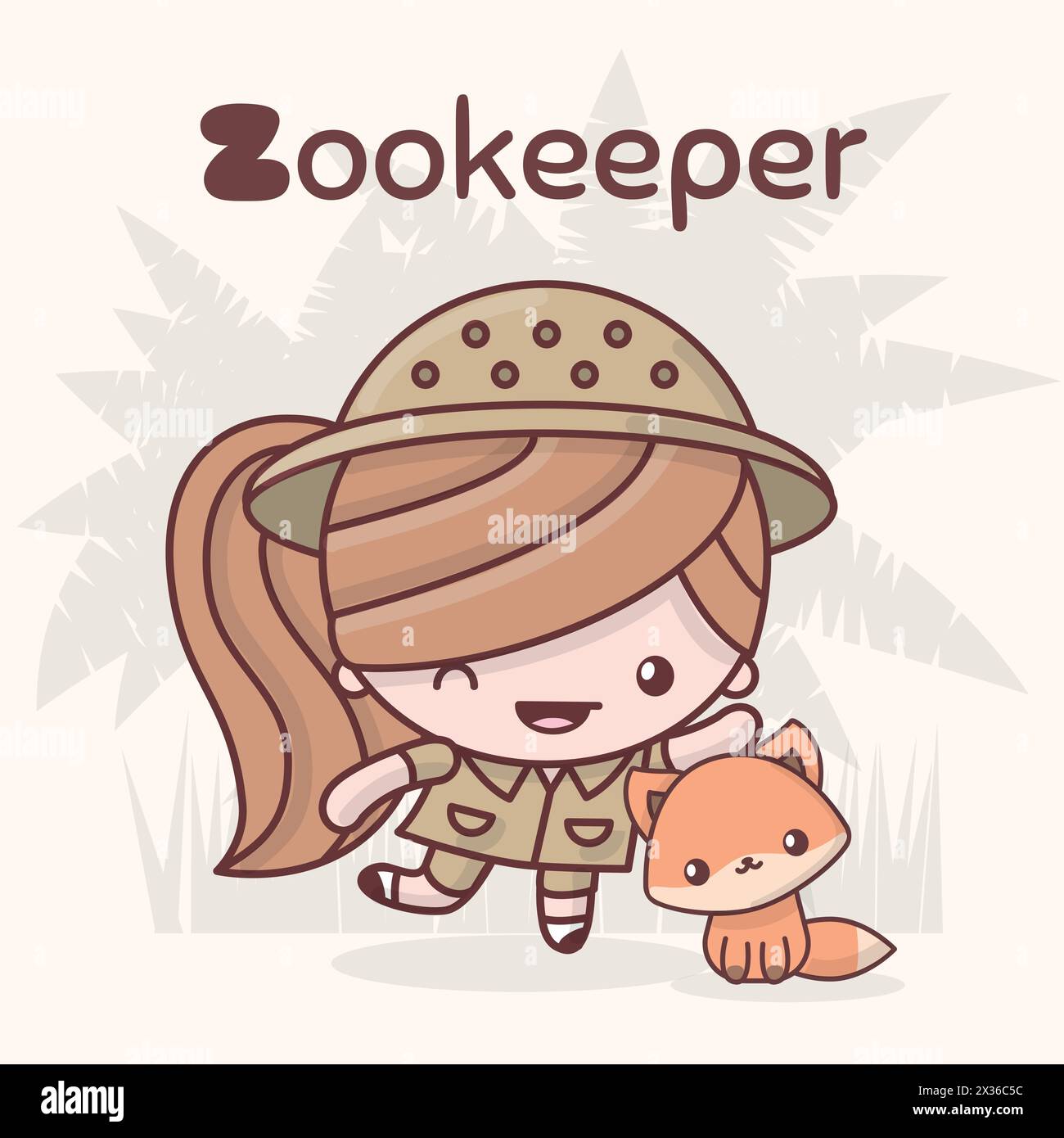 Cute chibi kawaii characters. Alphabet professions. Letter Z - Zookeeper. Flat style Stock Vector