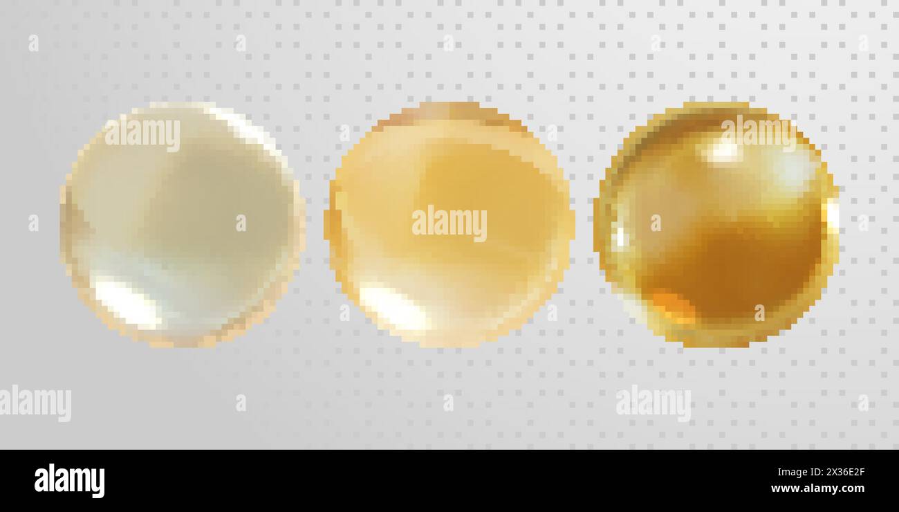 Gold glass ball isolated on transparent background. 3D realistic vector golden oil vitamin E pill capsule crystal glass ball texture Stock Vector