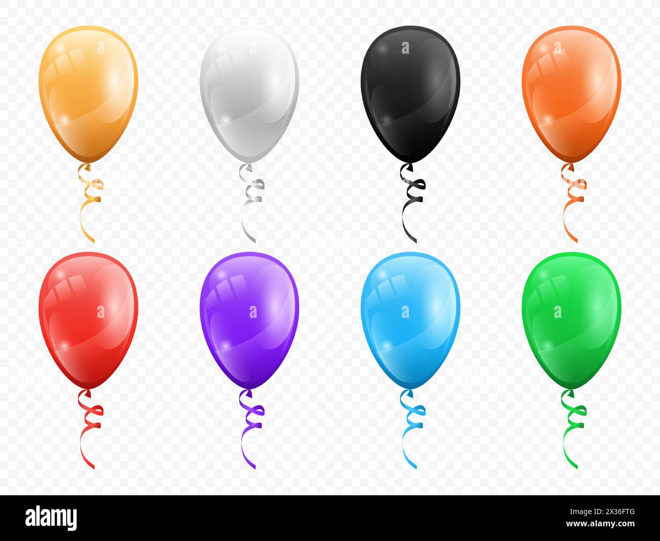 Balloons in shape of circles isolated set. Vector birthday party decoration, helium air balls on curved ribbon. Anniversary celebration and carnival f Stock Vector