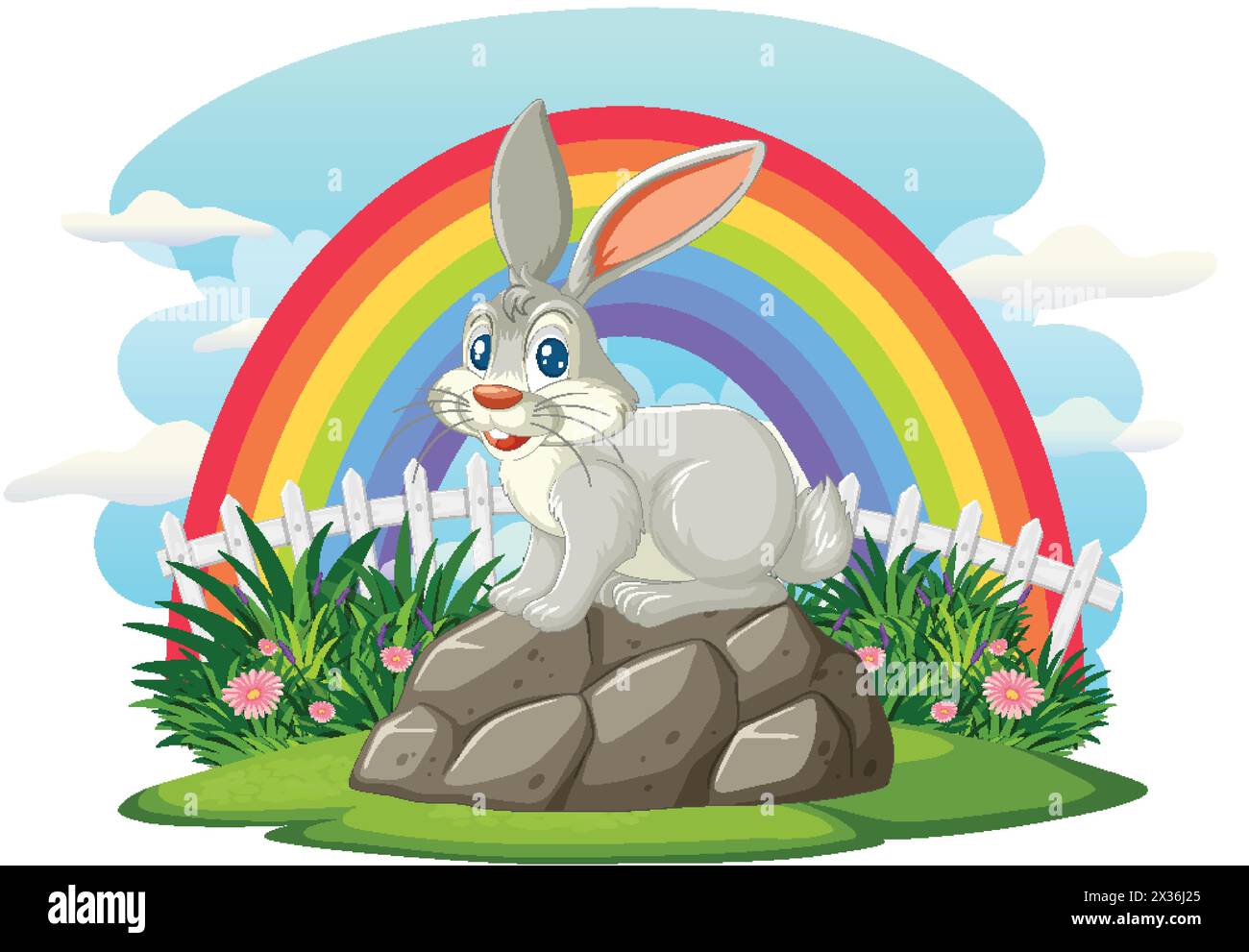 Cartoon rabbit on rocks under a colorful rainbow Stock Vector