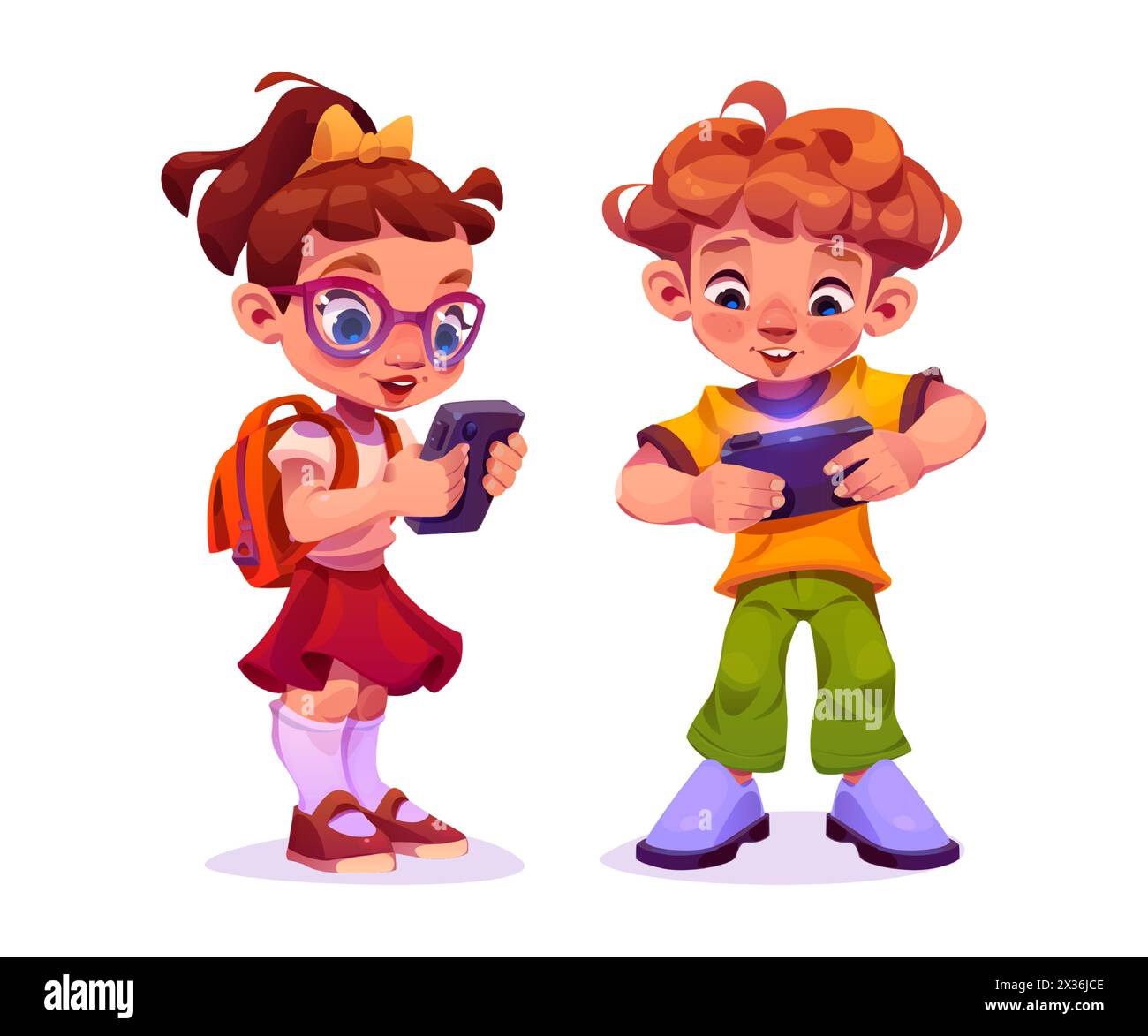 Kids playing game on mobile phone. Cartoon vector illustration set of little boy and girl with backpack standing and using smartphone. Cute happy smiling children player with digital gadget. Stock Vector