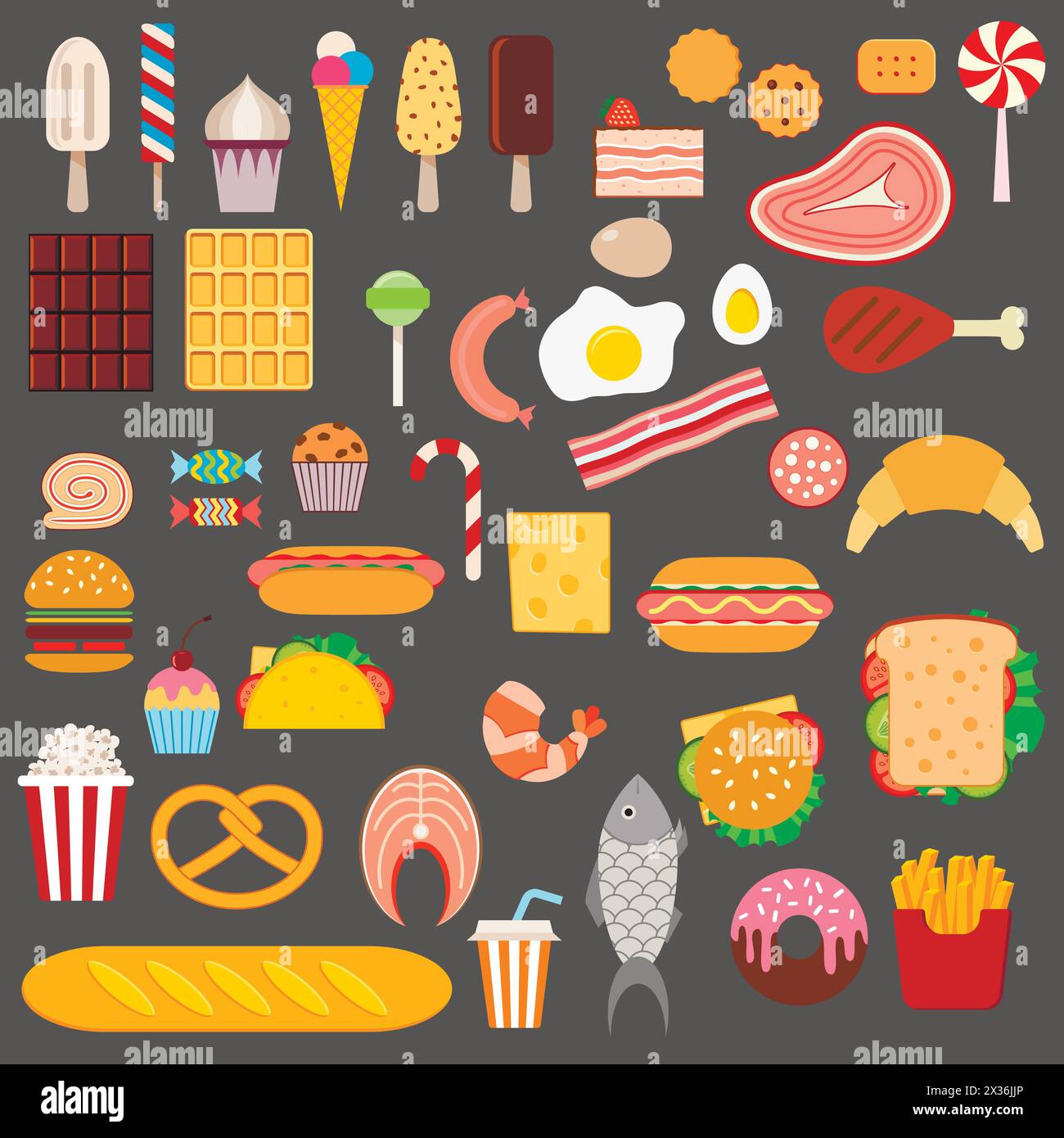 Icons of sweets, fast food, meat and fish on dark background Stock ...