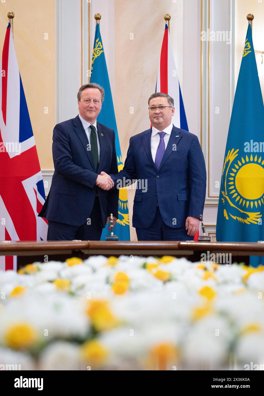 File photo dated 24/04/24 of Foreign Secretary Lord David Cameron meeting his Kazakh counterpart Murat Nurtleu at the Ministry of Foreign Affairs in Astana, Kazakhstan, during his five day tour of the Central Asia region. Lord Cameron has said he can be 'fully accountable' without facing scrutiny in the Commons chamber, saying he spends more time before peers than former ministers Lord Mandelson and Baroness Morgan did. Issue date: Thursday April 25, 2024. Stock Photo