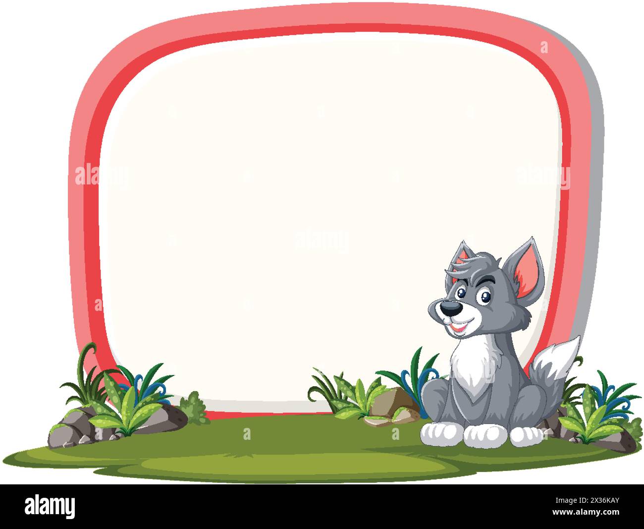 Cartoon puppy sitting happily beside a blank frame. Stock Vector