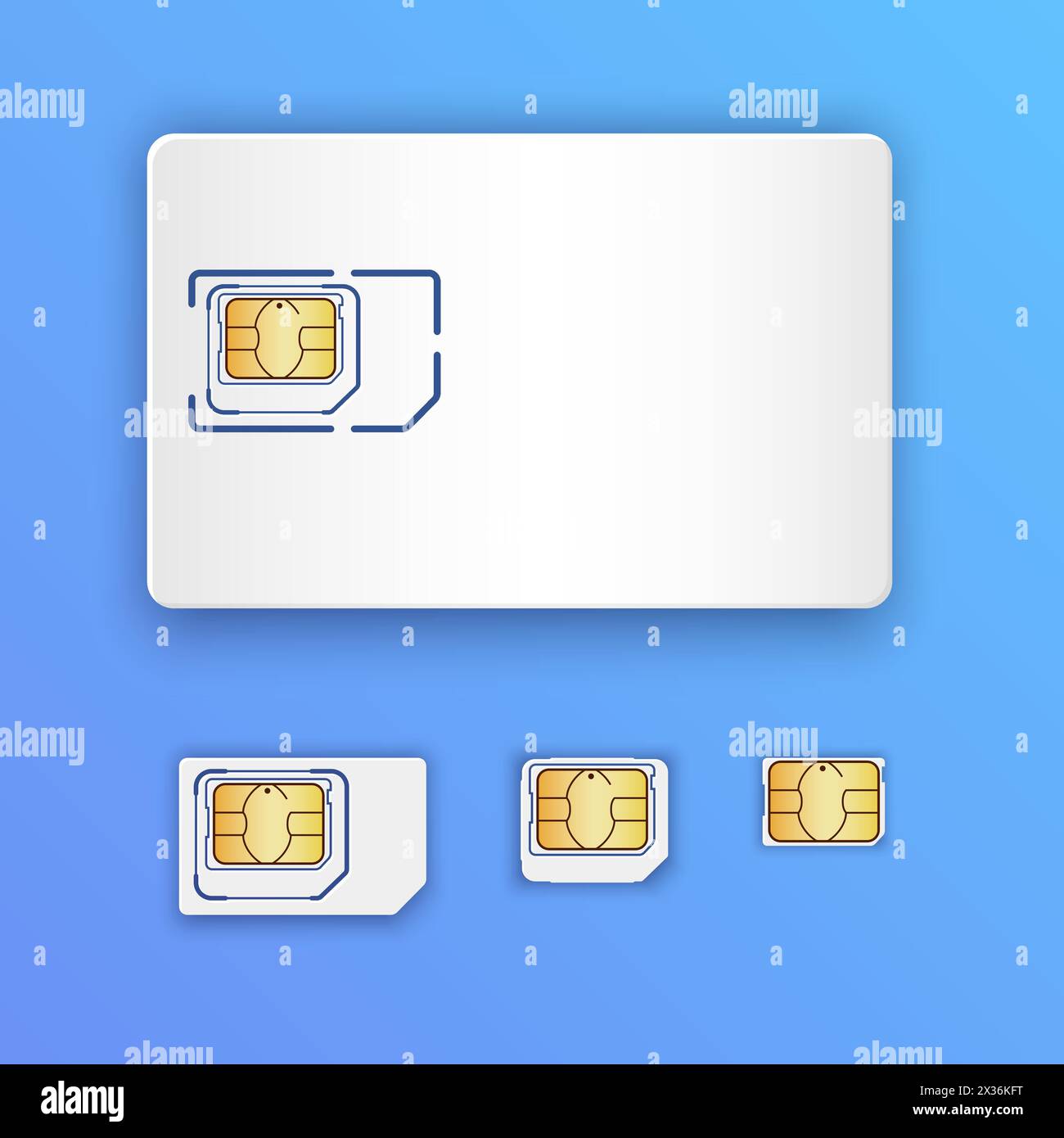 Blank realistic SIM card. Set of vector SIM cards. Full size, mini, micro and nano cards. Mobile phone chip Stock Vector