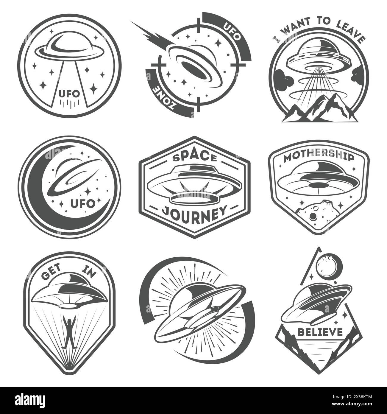 Alien spaceship, spacecrafts and ufo emblems set. Cosmic ship in form saucer for transportation. Monochrome UFO badges vector set Stock Vector