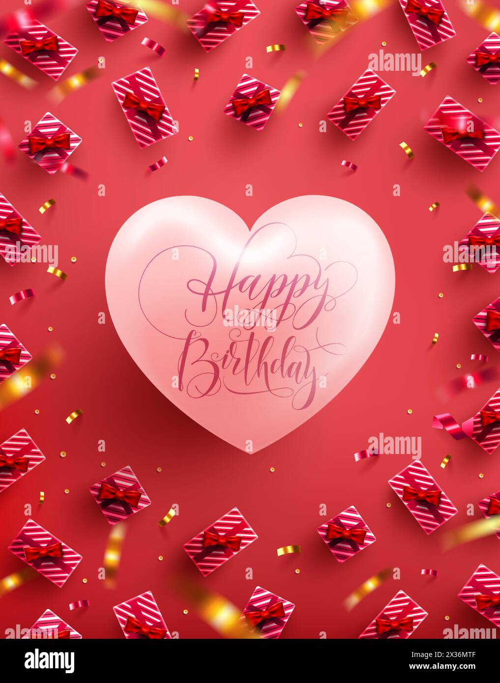 Happy Birthday Poster or banner with big heart and sweet gift on red background. Promotion and shopping template or background for Love and Birthday c Stock Vector