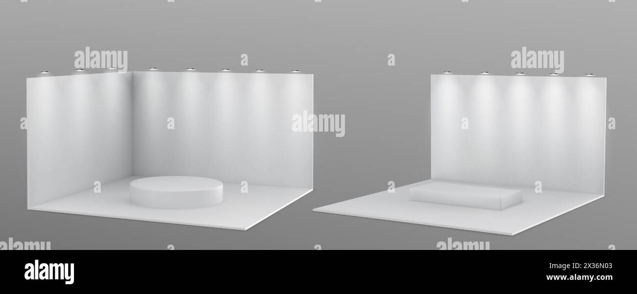 Booth stand with walls and floor, platform and spotlights 3d mockup. Realistic vector illustration set of white studio or exhibition room interior template for products display on tradeshow event. Stock Vector