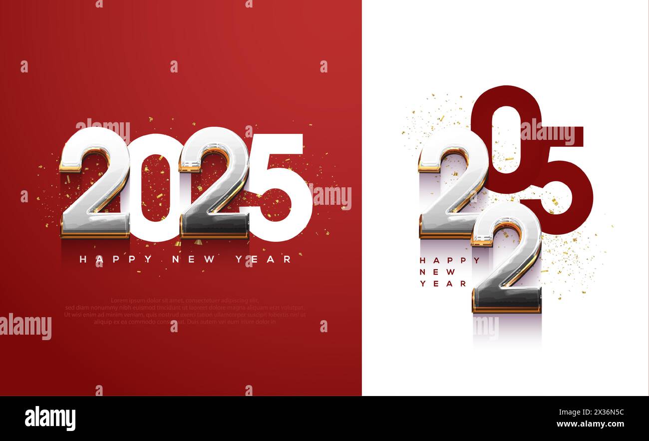 happy new year 2025 with a combination of textured 3d numbers and simple flat numbers. 2025 number design.for flyers, banners and calendars 2025. Stock Vector