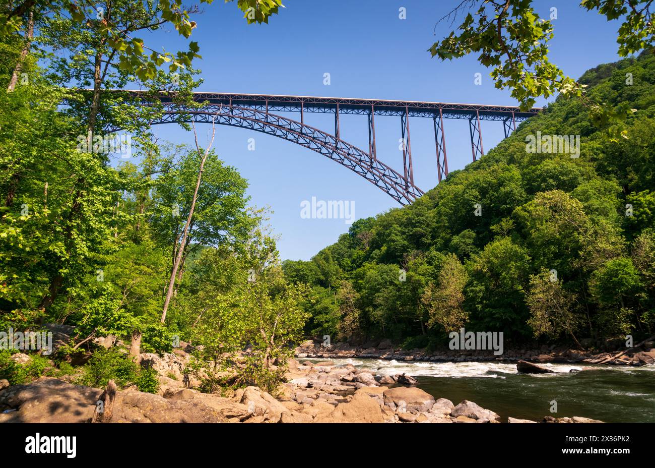 The New River Gorge Bridge, Steel arch bridge 3,030 feet long over the New River Gorge near Fayetteville, West Virginia, in the Appalachian Mountains, Stock Photo