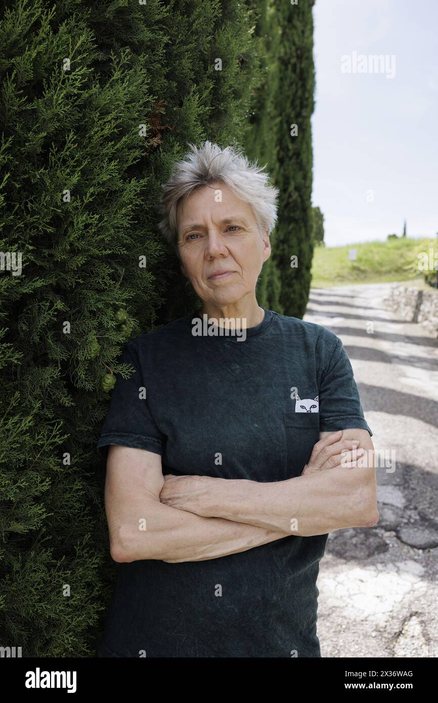 Fagagna (Udine), Italy, July 12, 2023. The German writer, poet and translator Esther Kinsky portrayed in Fagagna, a village in Friuli, a region to which she is particularly attached and which inspired her to write 'Rombo' (Iperborea, 2023), a novel that recalls, through seven inhabitants of a valley in the extreme north-east of the region, the days of the violent earthquake that hit Friuli on May 6, 1976. 'Rombo' is the winner of the Kleist Prize, candidate for the Deutscher Buchpreis and the European Strega Prize 2023.Esther Kinsky is one of the highest and most original voices on the German Stock Photo