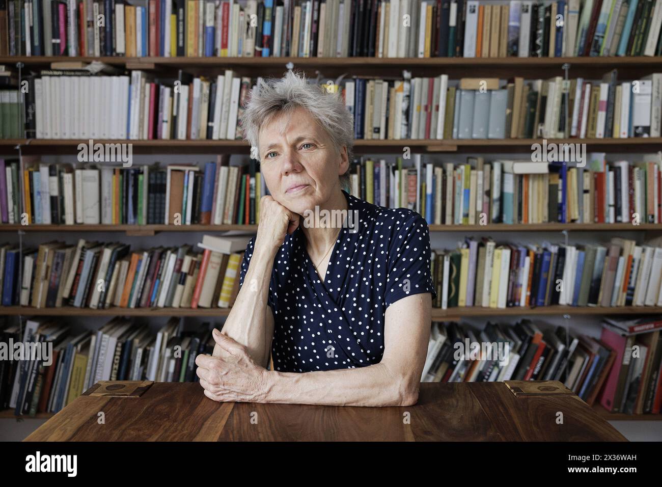 Fagagna (Udine), Italy, July 11, 2023. The German writer, poet and translator Esther Kinsky portrayed at home in Fagagna, a village in Friuli, a region to which she is particularly attached and which inspired her to write 'Rombo' (Iperborea, 2023), a novel that recalls, through seven inhabitants of a valley in the extreme north-east of the region, the days of the violent earthquake that hit Friuli on May 6, 1976. 'Rombo' is the winner of the Kleist Prize, candidate for the Deutscher Buchpreis and the European Strega Prize 2023.Esther Kinsky is one of the highest and most original voices on the Stock Photo