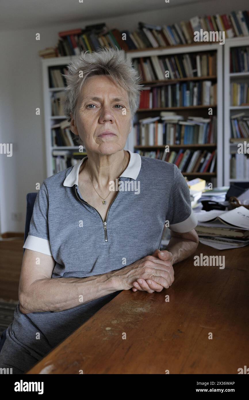 Fagagna (Udine), Italy, July 12, 2023. The German writer, poet and translator Esther Kinsky portrayed in her studio at home in Fagagna, a village in Friuli, a region to which she is particularly attached and which inspired her to write 'Rombo' (Iperborea, 2023), a novel that recalls, through seven inhabitants of a valley in the extreme north-east of the region, the days of the violent earthquake that hit Friuli on May 6, 1976. 'Rombo' is the winner of the Kleist Prize, candidate for the Deutscher Buchpreis and the European Strega Prize 2023.Esther Kinsky is one of the highest and most original Stock Photo