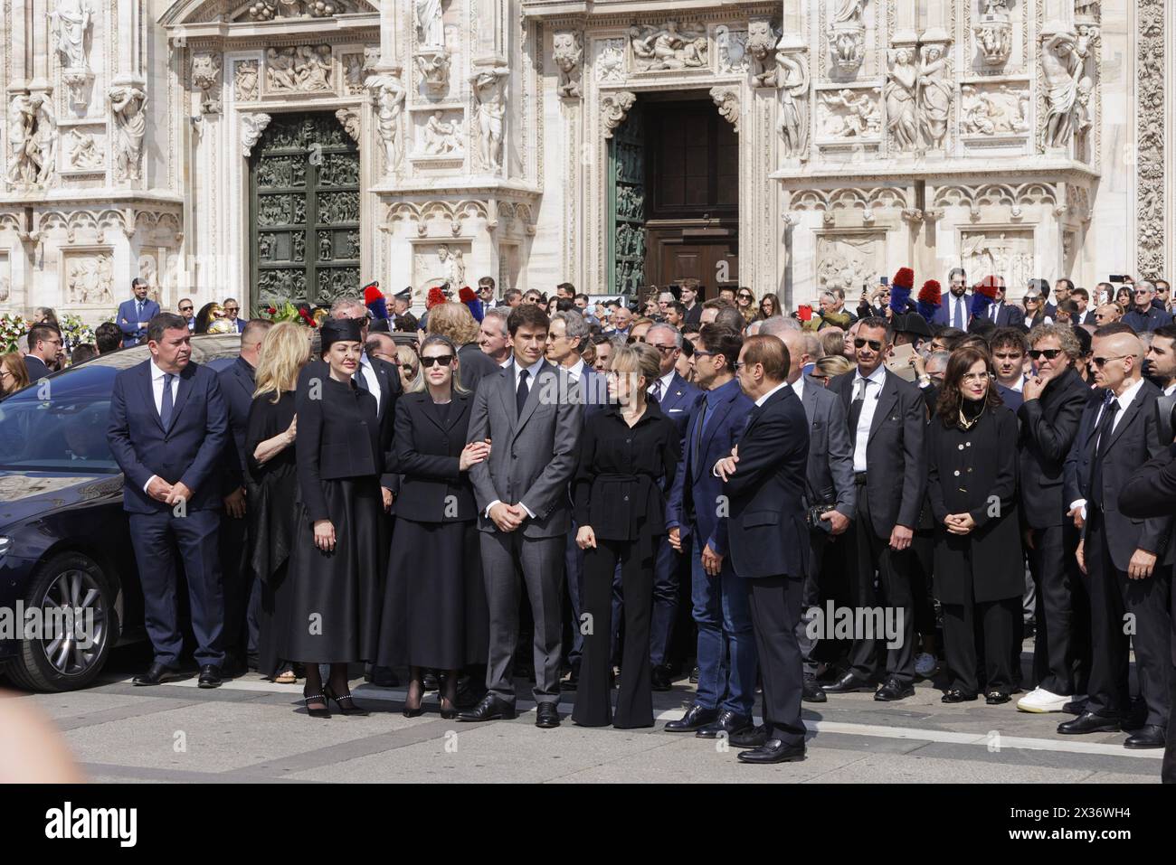 Milano, Italia, 14 Giugno, 2023. The Berlusconi family at the State Funeral of former Italian Prime Minister Silvio Berlusconi, held at the Milan Cathedral. From left in the group: the two daughters of the Ex Premier Silvio Berlusconi Eleonora and Barbara, his last son Luigi, the first daughter Marina, the first son Pier Silvio Berlusconi with Silvio Berlusconi's brother Paolo. Berlusconi died on June 12, 2023 at the San Raffaele hospital in Milan. The funeral, celebrated by Archbishop Mario Delpini, was broadcast live on giant screens set up in the square for the public.Milano, Italia, 14 Giu Stock Photo