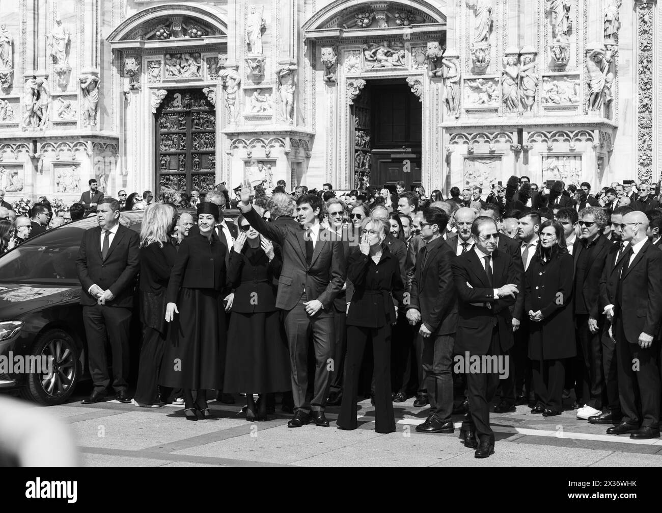 Milano, Italia, 14 Giugno, 2023. The Berlusconi family greet the audience and supporter of Forza Italia at the State Funeral of former Italian Prime Minister Silvio Berlusconi, held at the Milan Cathedral. From left in the group: the two daughters of the Ex Premier Silvio Berlusconi Eleonora and Barbara, his last son Luigi, the first daughter Marina, the first son Pier Silvio Berlusconi with Silvio Berlusconi's brother Paolo. Berlusconi died on June 12, 2023 at the San Raffaele hospital in Milan. The funeral, celebrated by Archbishop Mario Delpini, was broadcast live on giant screens set up in Stock Photo